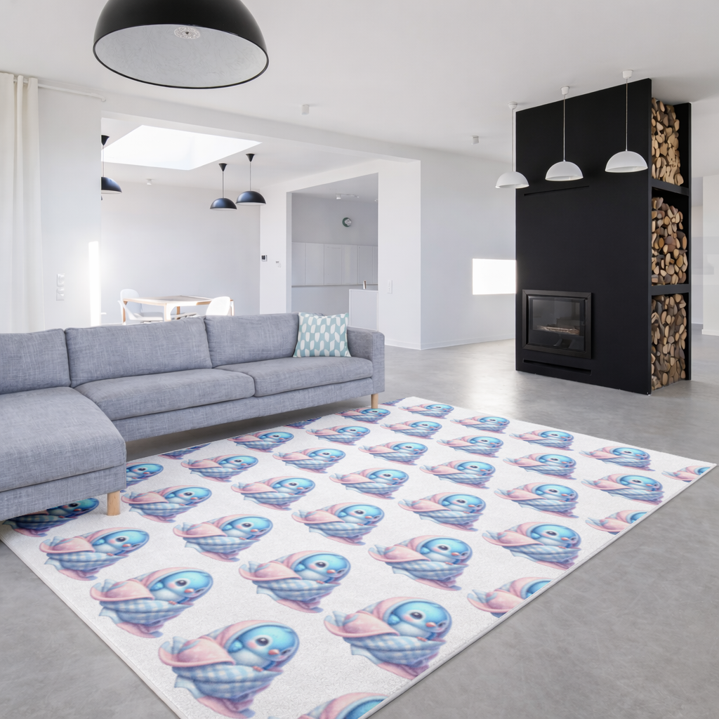 Battaniyeye Sarılı Mavi Yavru Kuş Salon Halısı