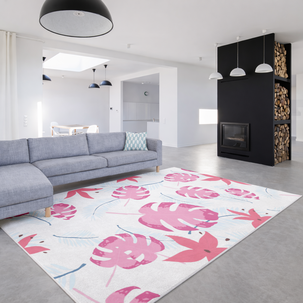 Pembe Monstera ve Tropikal Lilyum Salon Halısı