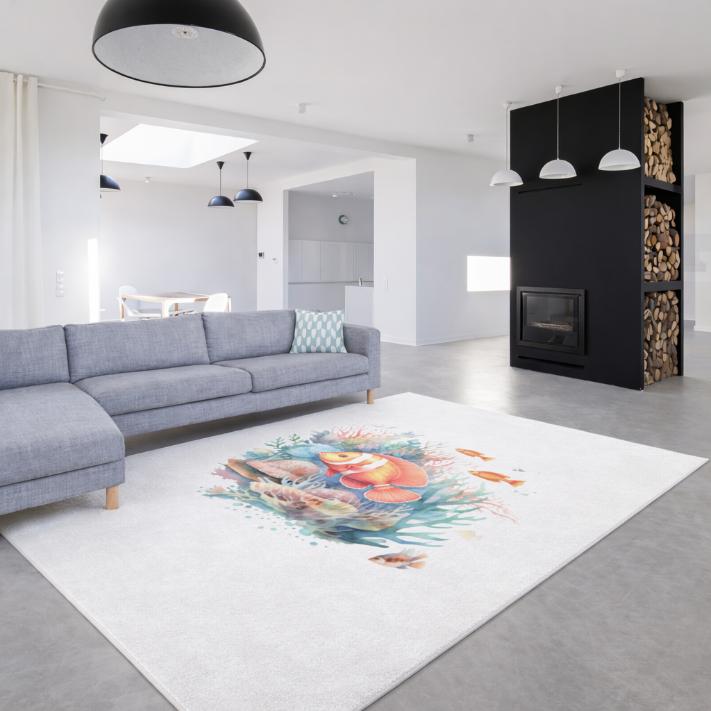 Watercolor Clownfish and Tropical Coral Reef Living room carpet