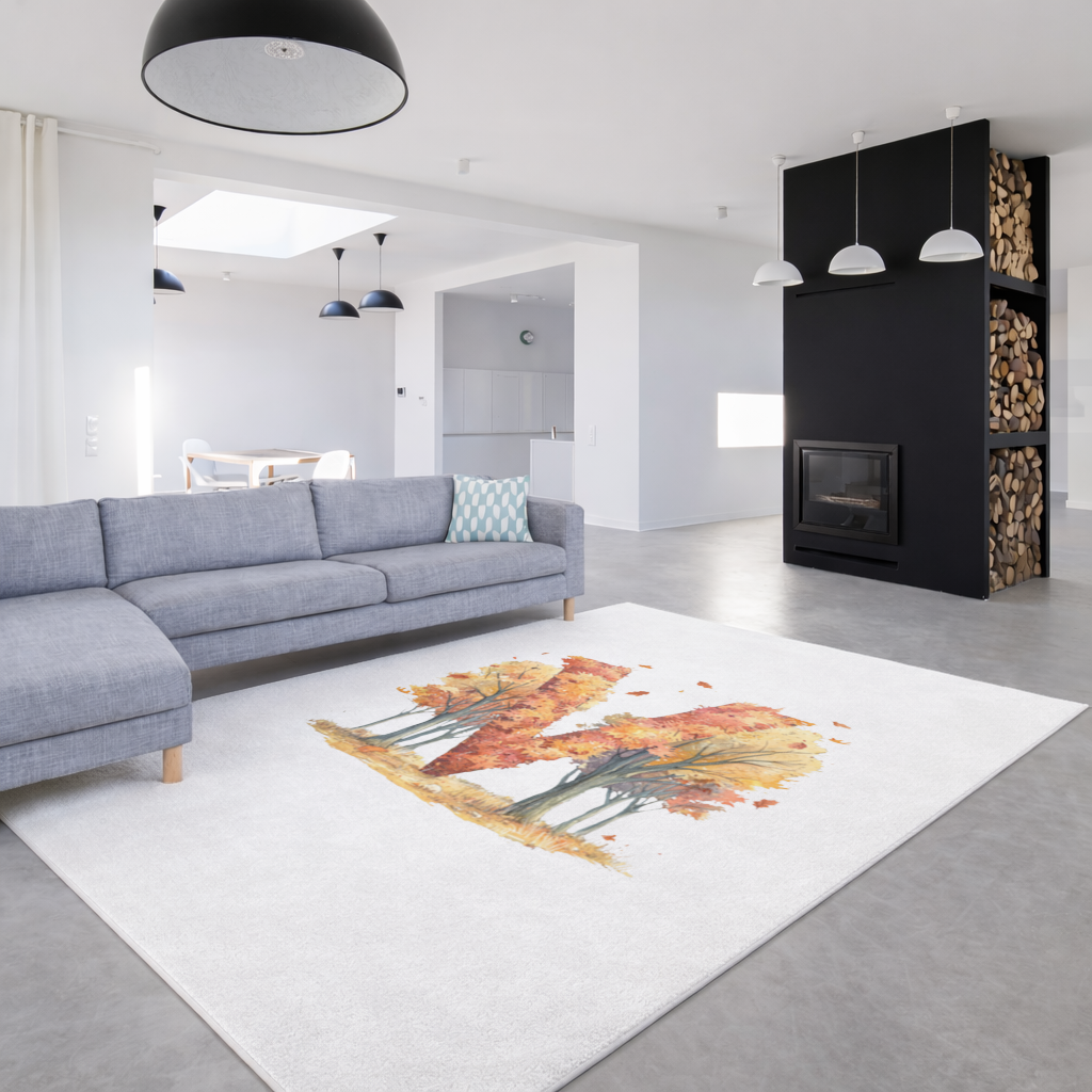 Turuncu Sonbahar Ormanı M Harfi Salon Halısı