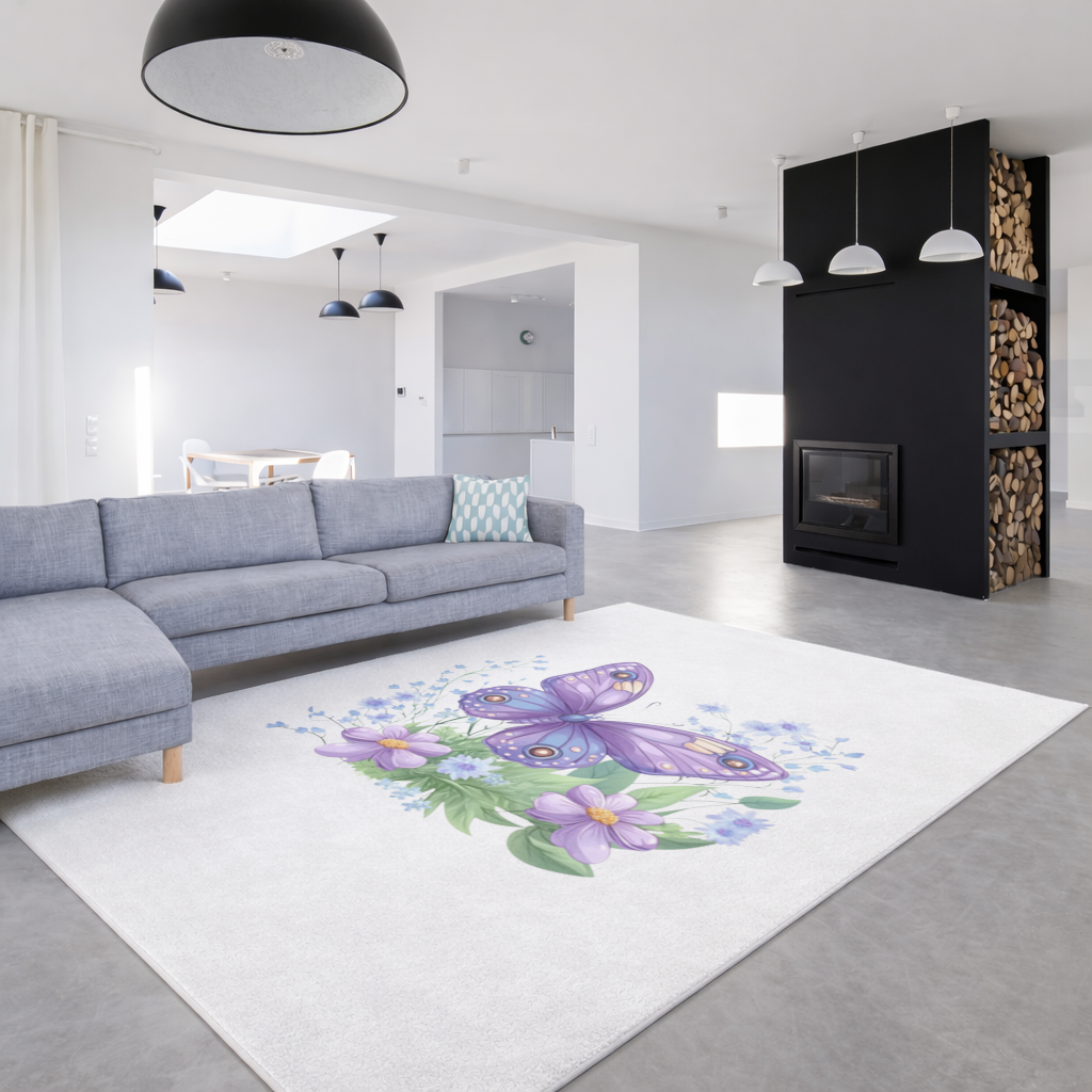 Cottagecore Purple Butterfly Floral Living room carpet