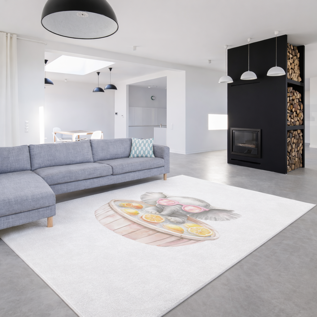 Pembe Gözlüklü Bebek Fil ve Narenciye Banyosu Salon Halısı