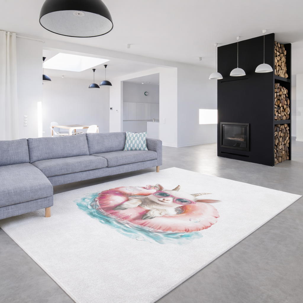 Baby Goat in Pink Pool Ring Living room carpet