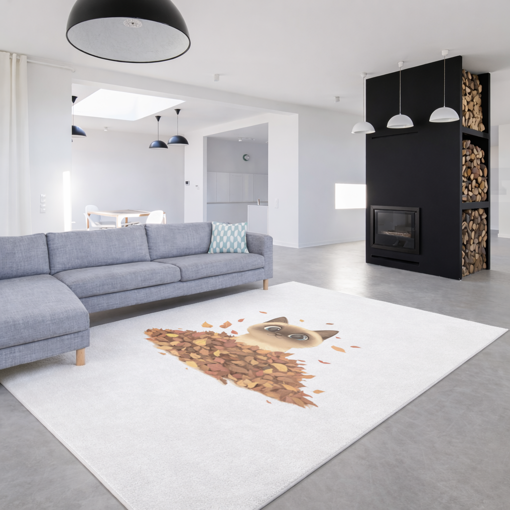 Yaprak Yığınındaki Siyam Kedisi Salon Halısı