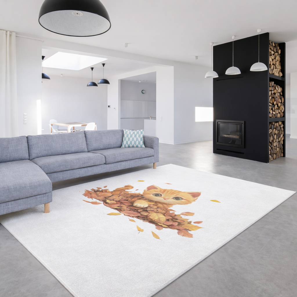 Sonbahar Yapraklarında Turuncu Yavru Kedi Salon Halısı