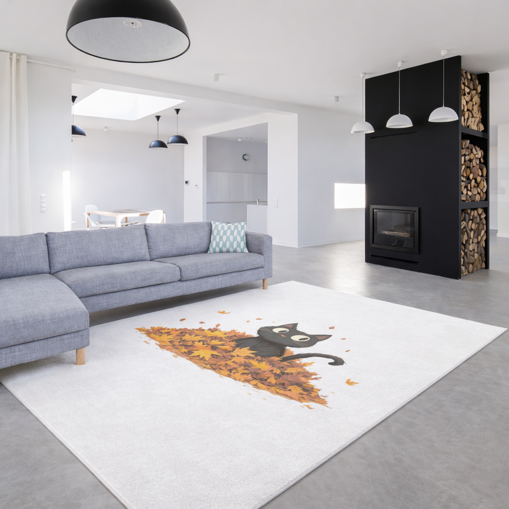 Sonbahar Yapraklarında Sevimli Siyah Kedi Salon Halısı