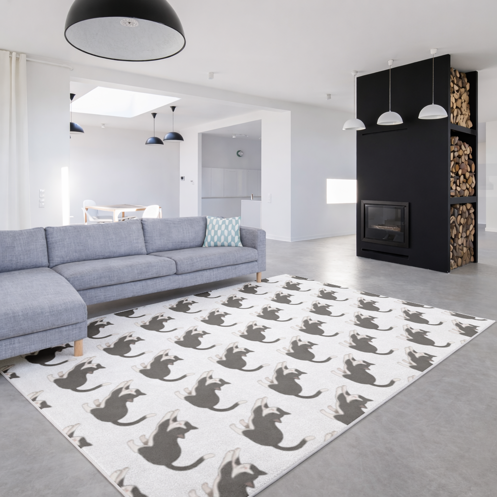 Stretching Tuxedo Cat Living room carpet