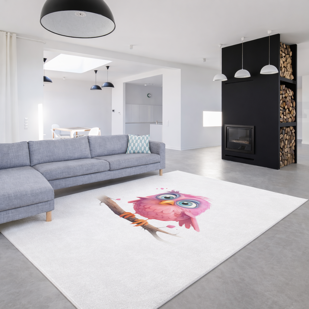 Cute Pink Bird with Large Blue Eyes Living room carpet