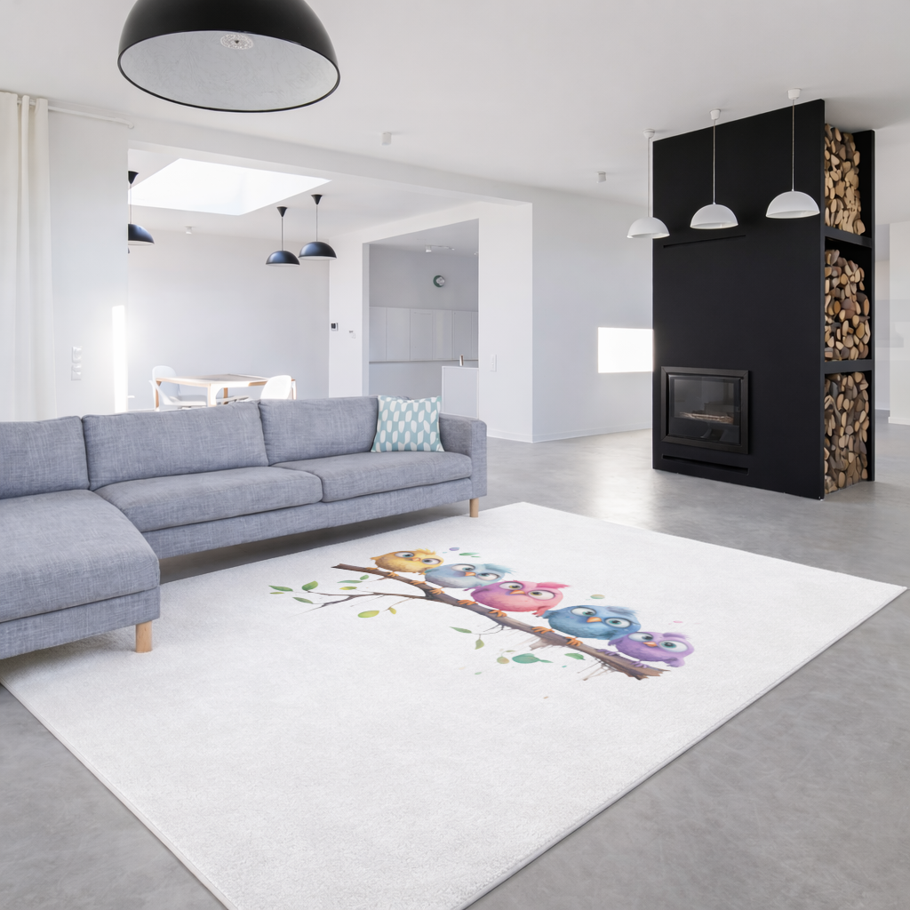 Daldaki Beş Renkli Kawaii Kuş Salon Halısı