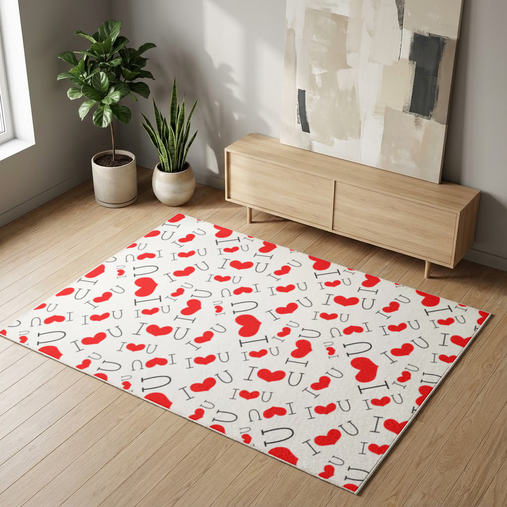14 Şubat I Love You Yazılı Kalp Desenli Romantik Tasarım Salon Halısı