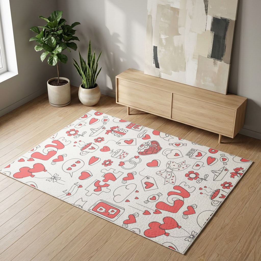 Valentines Day Doodle Love Heart Pattern Cute Design Living room carpet