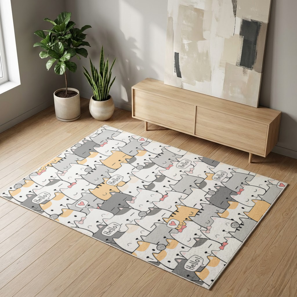 Cute Cartoon Cats Pattern with Speech Bubbles Living room carpet