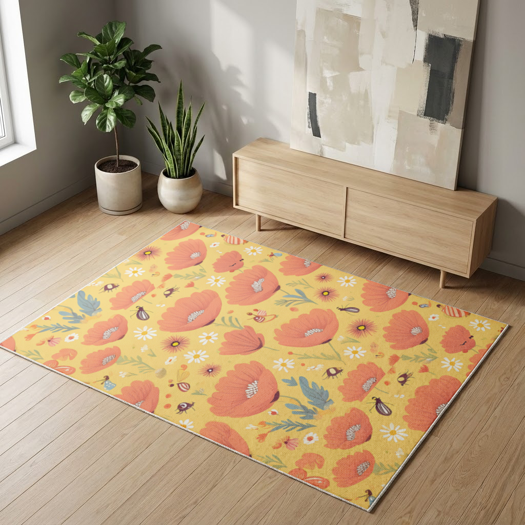 Çiçek ve Böcek Deseni Renkli Pattern Salon Halısı