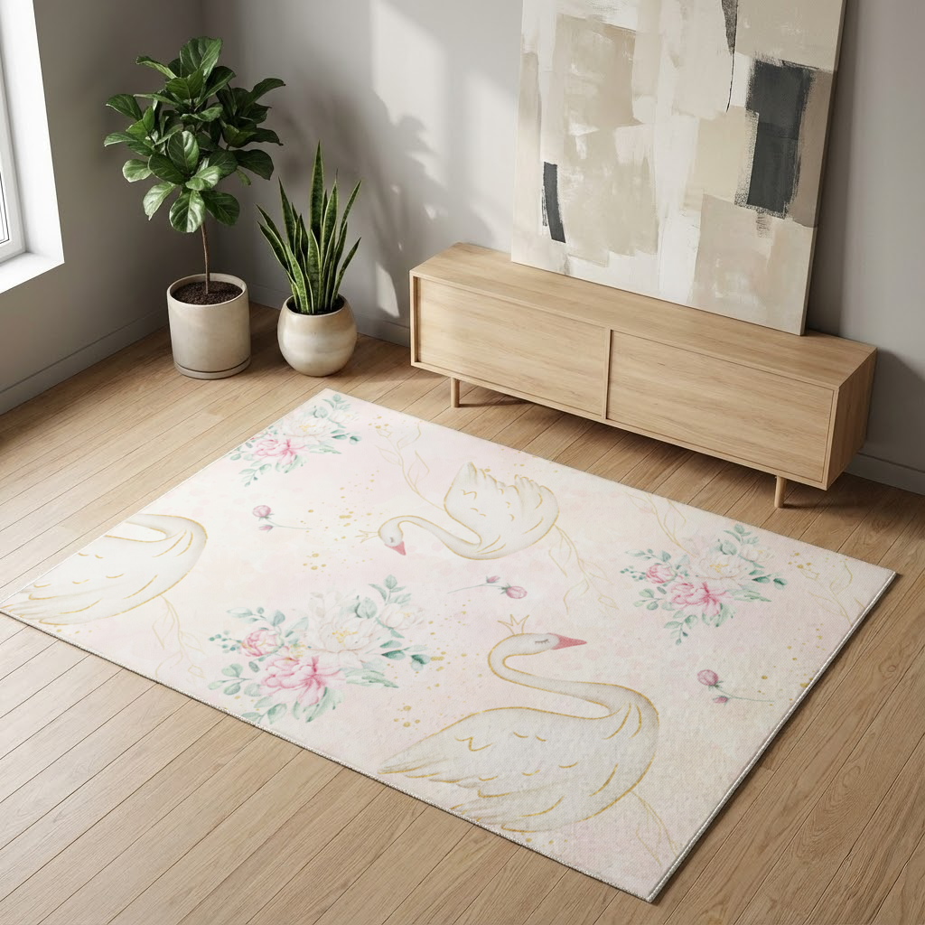 Pastel Watercolor Swan Floral Pattern Living room carpet