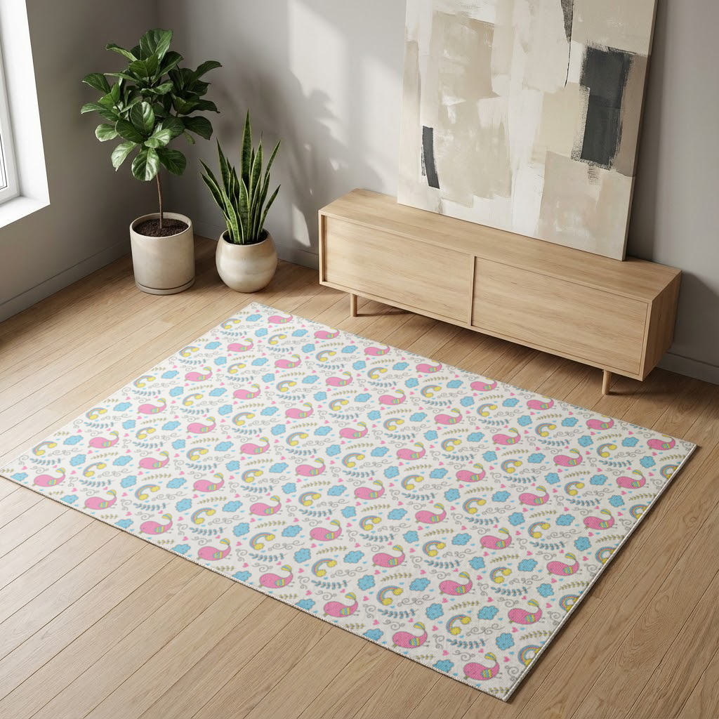 Cute Pink Bird and Rainbow Kids Pattern Living room carpet