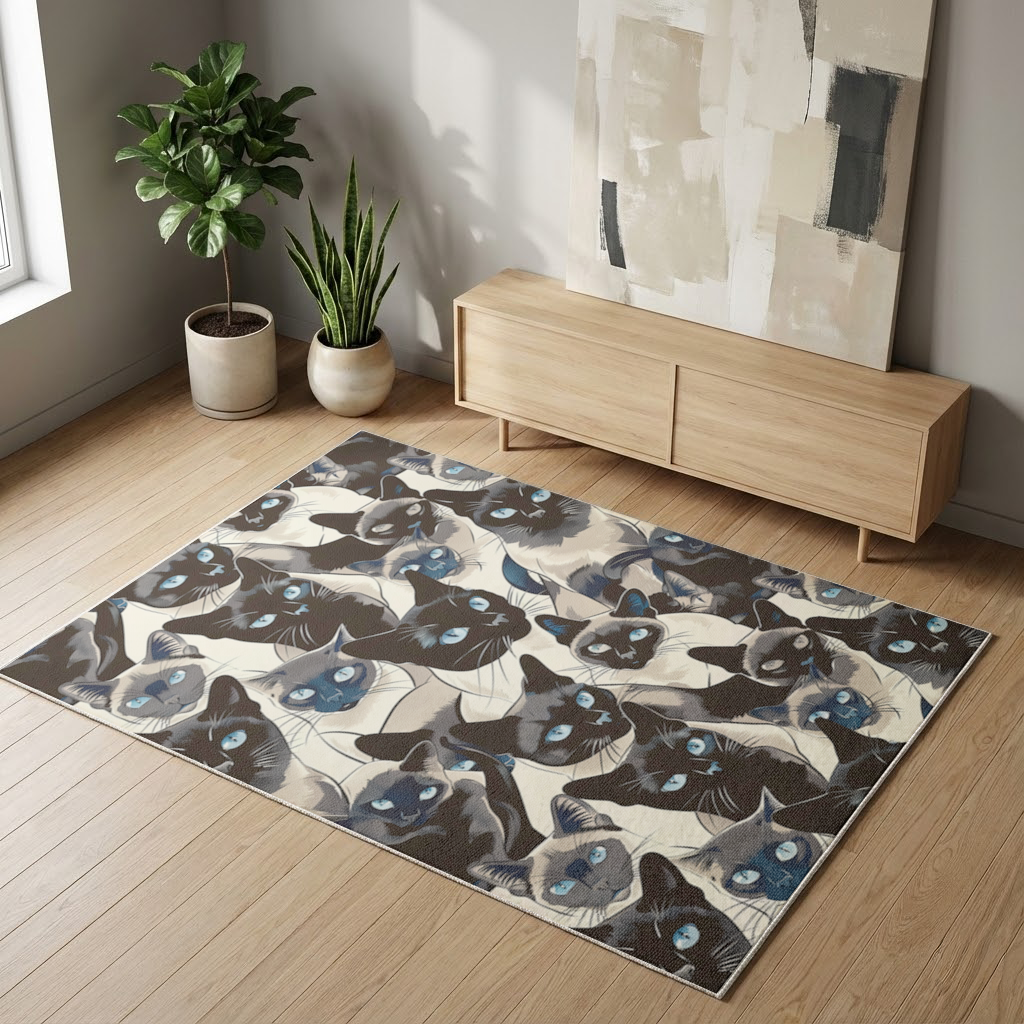 Blue Eyed Siamese Cat Elegant Illustration Pattern Living room carpet