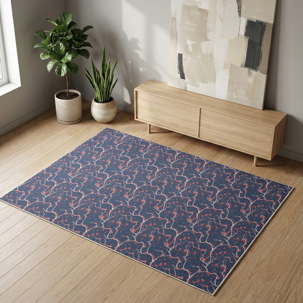 Red Floral Branch Pattern on Navy Background Living room carpet