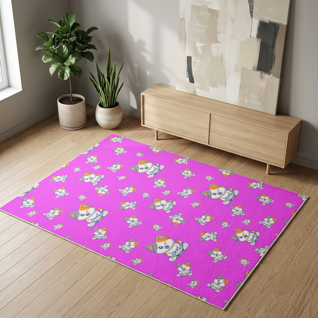 Cute Cartoon Cat Pattern on Pink Background Living room carpet