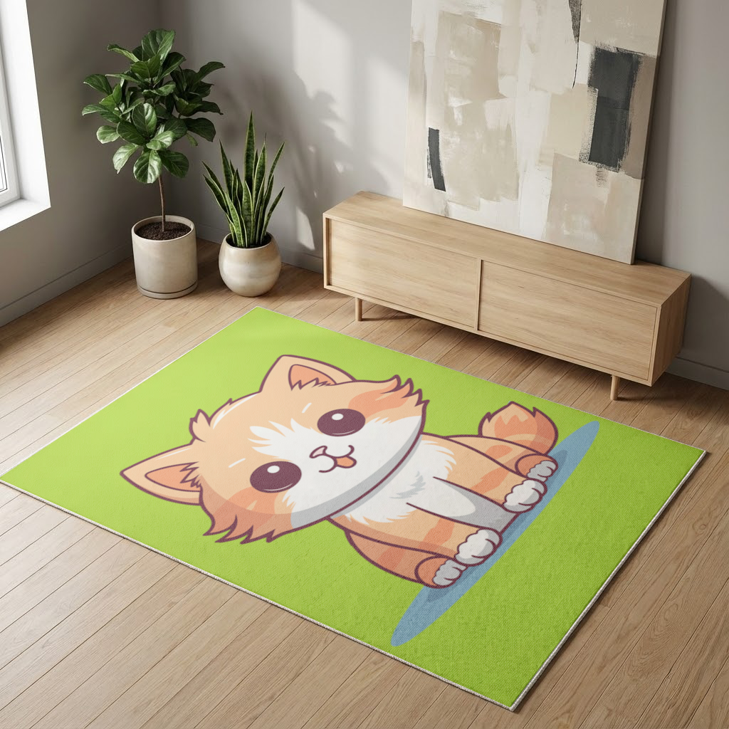 Sevimli Turuncu Kedi Çizimi Salon Halısı