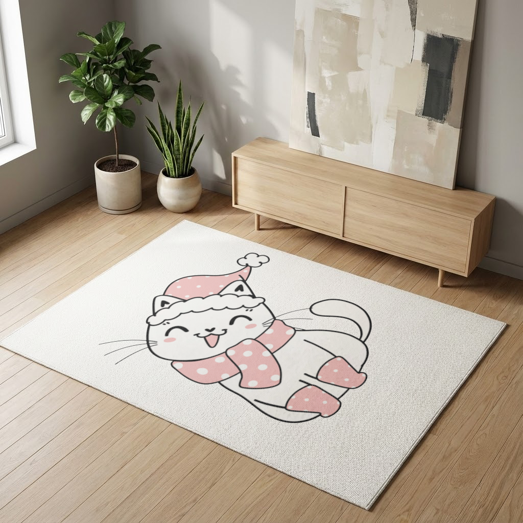 Sevimli Yılbaşı Kedisi Pembe Puantiyeli Çizim Salon Halısı