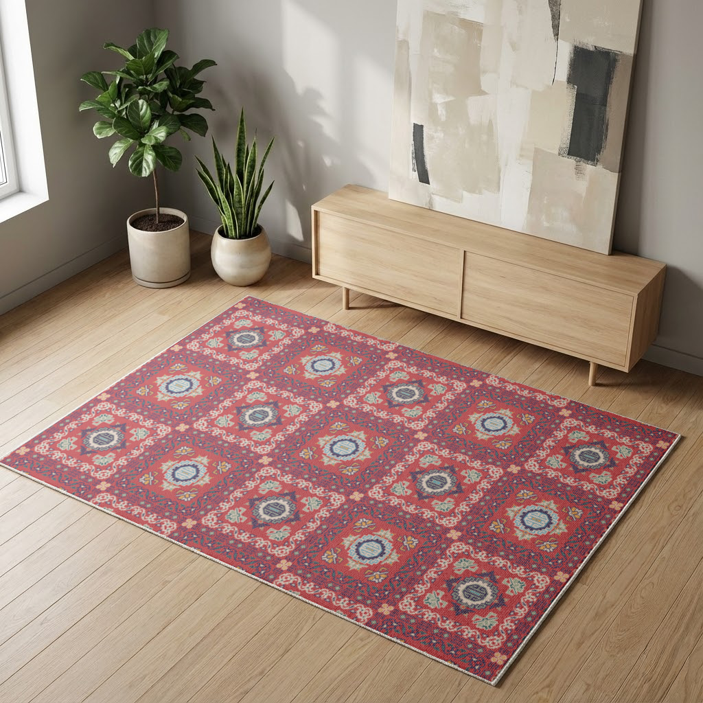 Geleneksel Kilim Motifli Kırmızı Etnik Geometrik Desen Salon Halısı