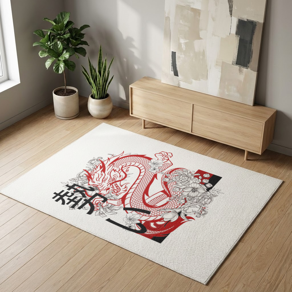 Japanese Dragon with Floral Design Living room carpet