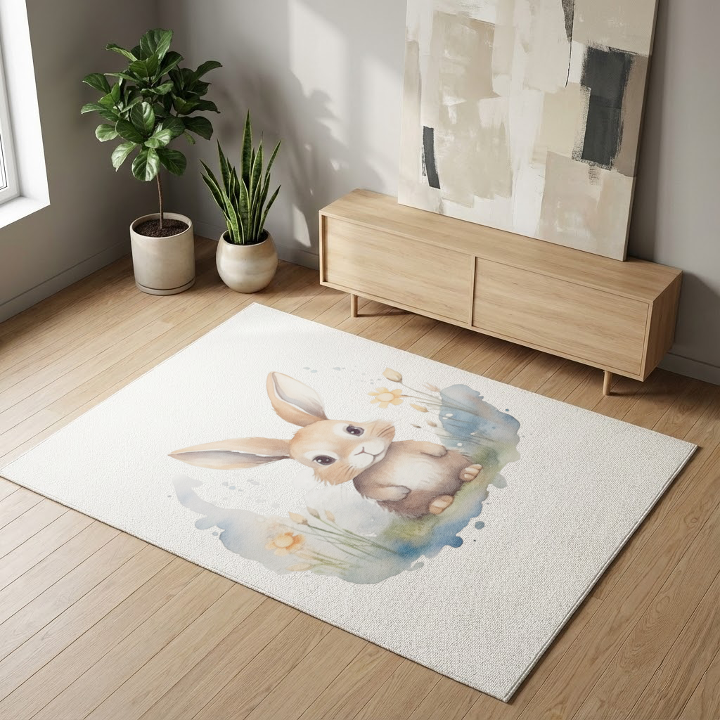 Cute Bunny Watercolor Illustration Living room carpet