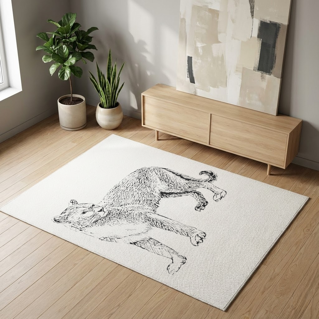 Siyah Beyaz Vahşi Kedi Eskiz Çizimi Salon Halısı