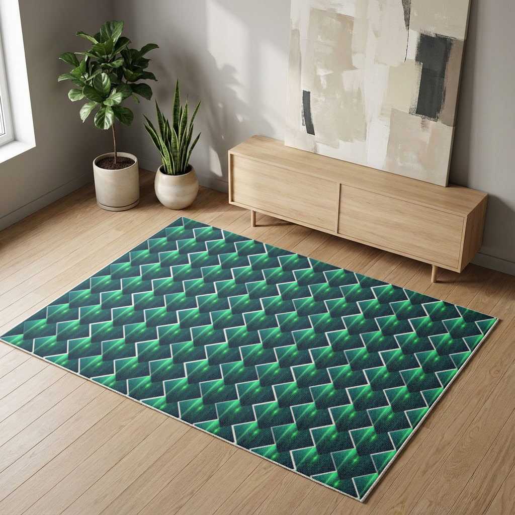 Green bright strips on black background. Living room carpet