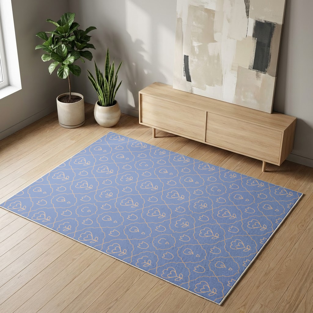 Orange Linear Floral Pattern on Blue Living room carpet