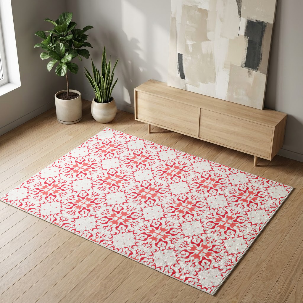 Red and White Traditional Tile Style Pattern Living room carpet