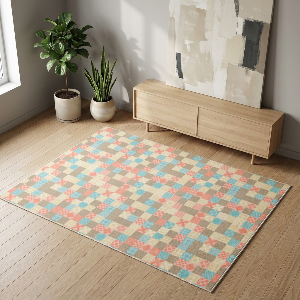Renkli Modern Geometrik Kare Desen Salon Halısı