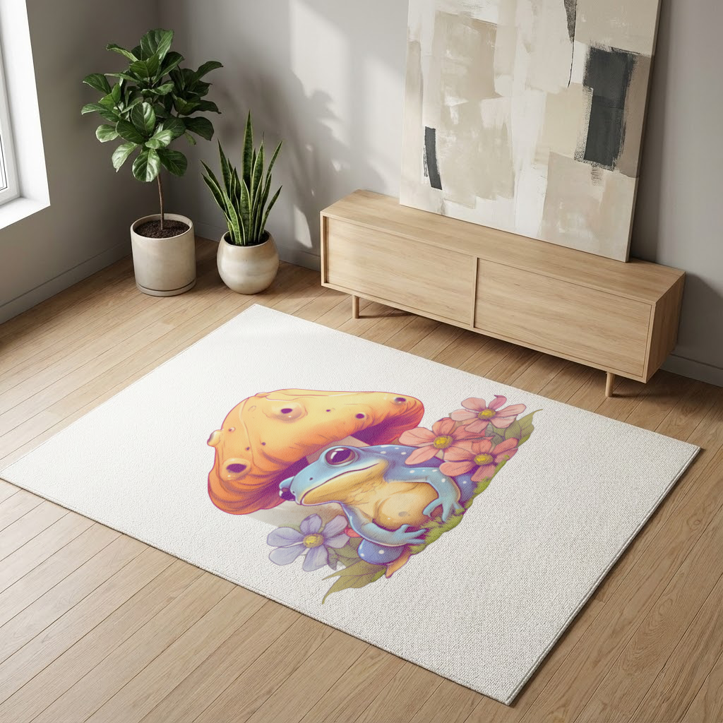 Blue Frog Resting Under Orange Mushroom Living room carpet