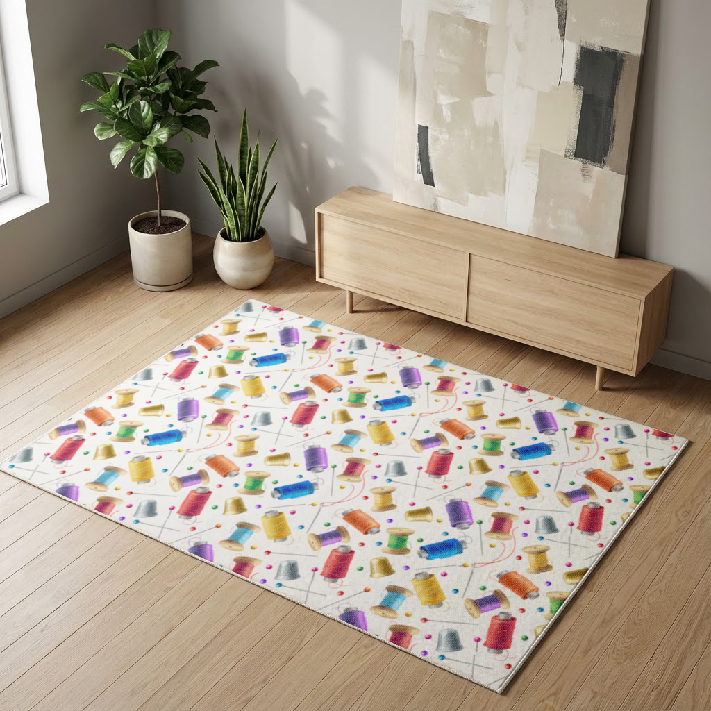 Colorful Thread Spools and Sewing Tools Pattern Living room carpet