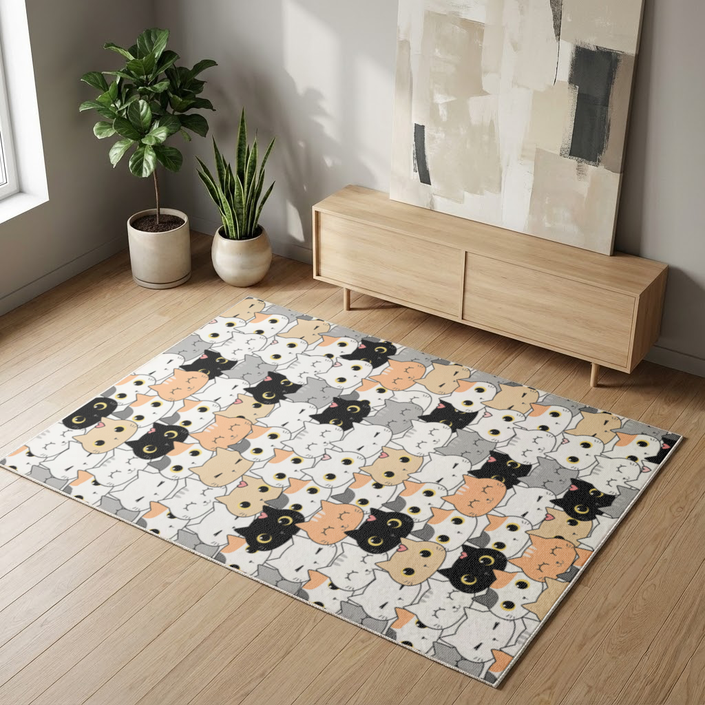 Renkli ve Sevimli Kedi Suratları Deseni Salon Halısı