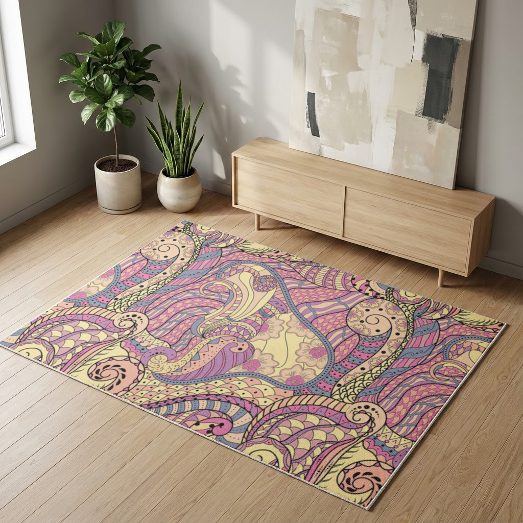 Psychedelic Zentangle Çiçek Salon Halısı