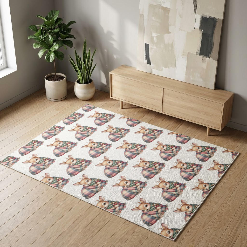 Kawaii Baby Deer with Plaid Scarf Living room carpet