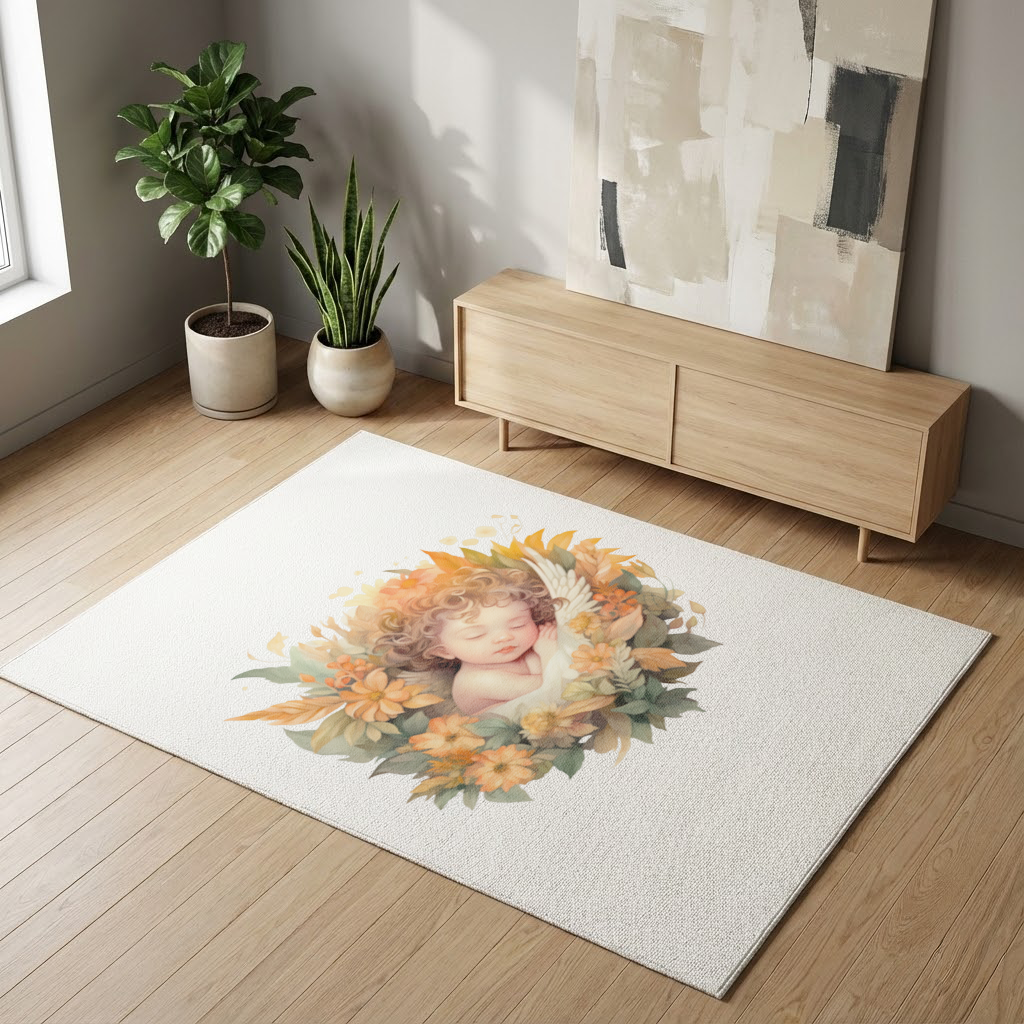 Sleeping Cherub in Cottagecore Flowers Living room carpet