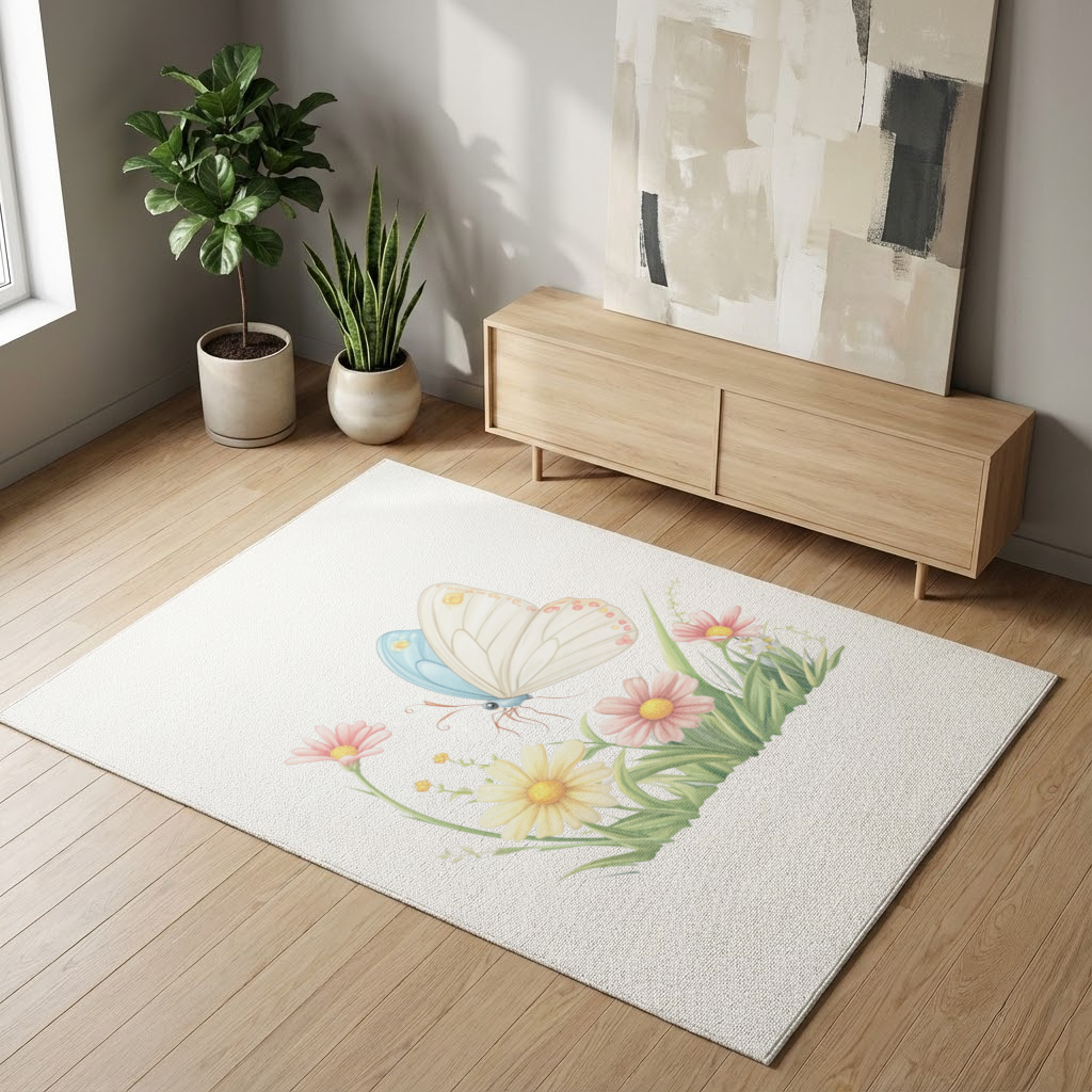 Whimsical Pastel Butterfly and Wildflowers Living room carpet