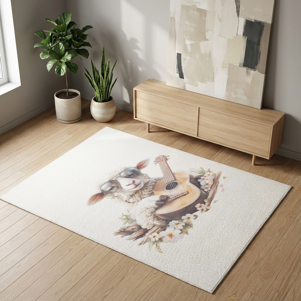 Cool Sheep Playing Ukulele with Flowers Living room carpet