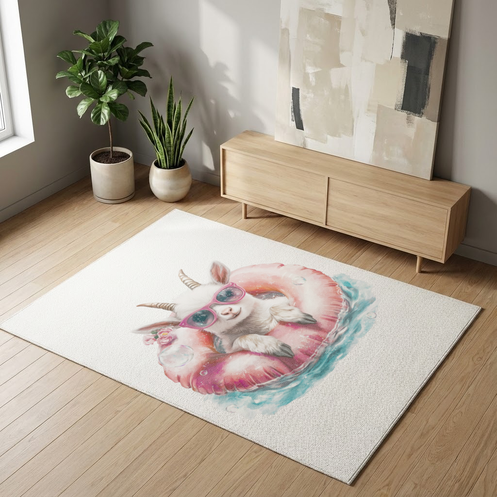 Baby Goat in Pink Pool Ring Living room carpet