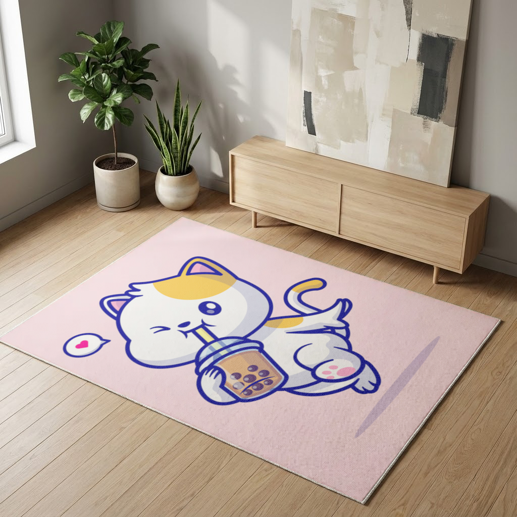 Kawaii Cat Drinking Boba Tea Living room carpet