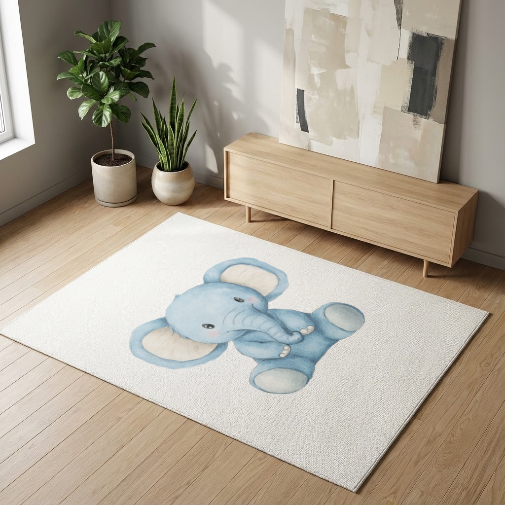 Cute Blue Watercolor Baby Elephant Living room carpet