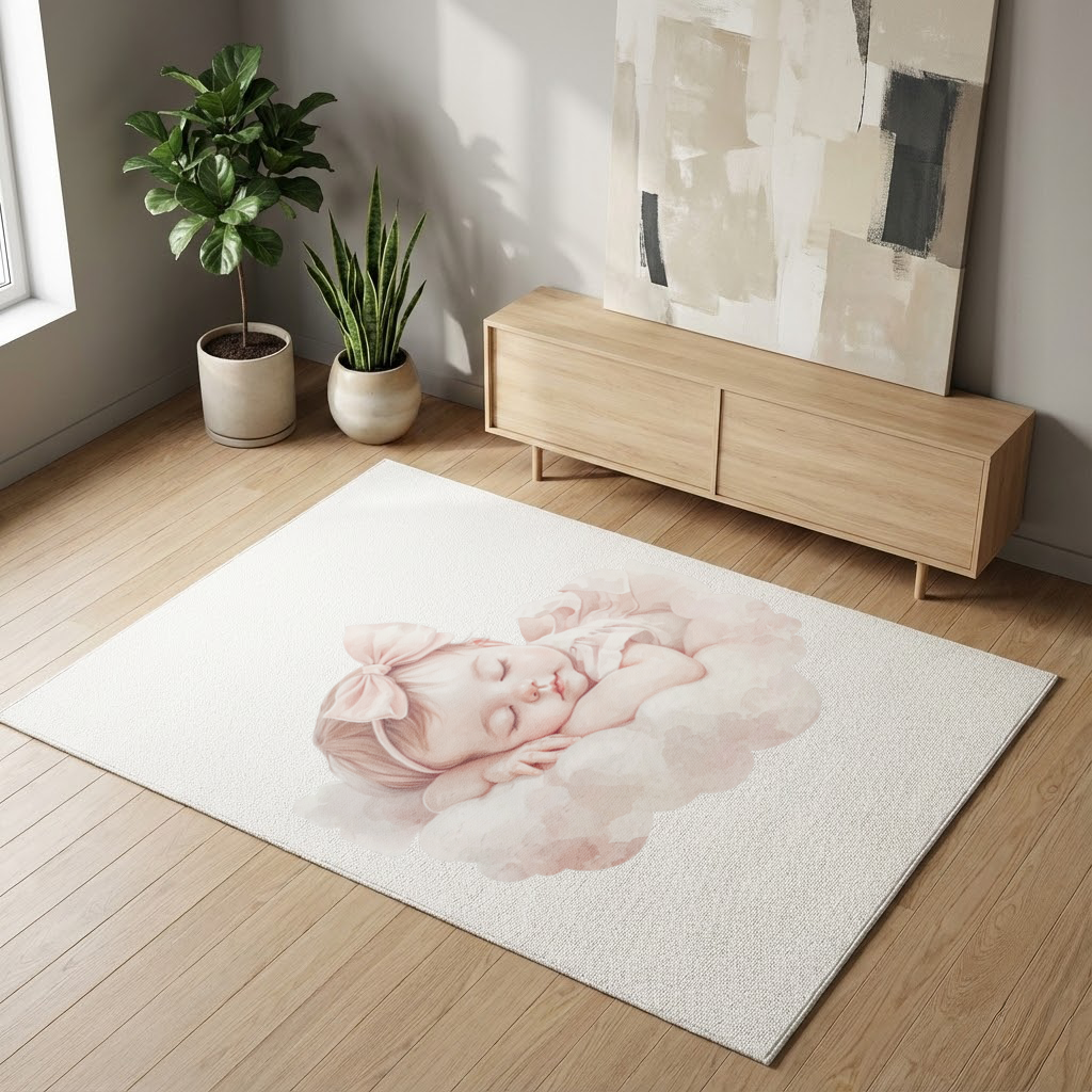 Sleeping Baby Girl with Pink Bow Living room carpet