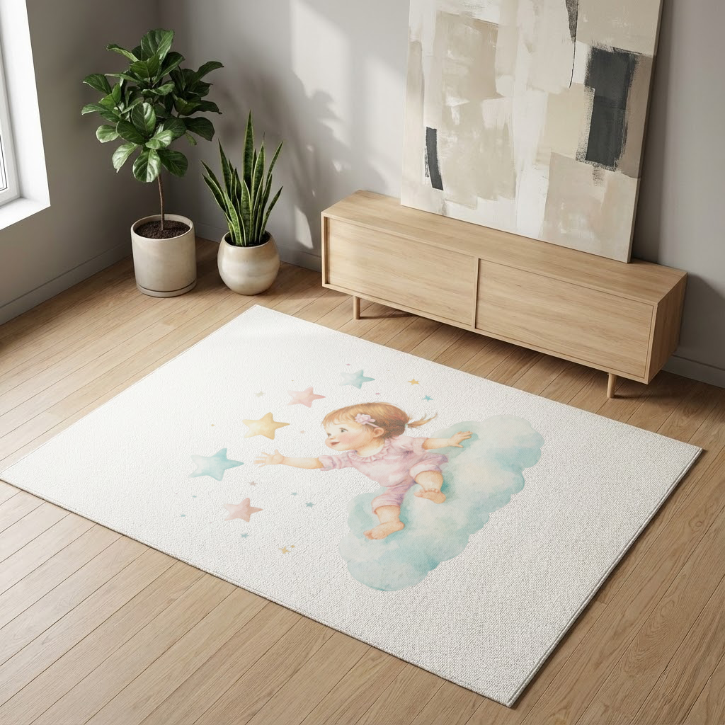 Baby Girl Reaching for Stars on a Cloud Living room carpet