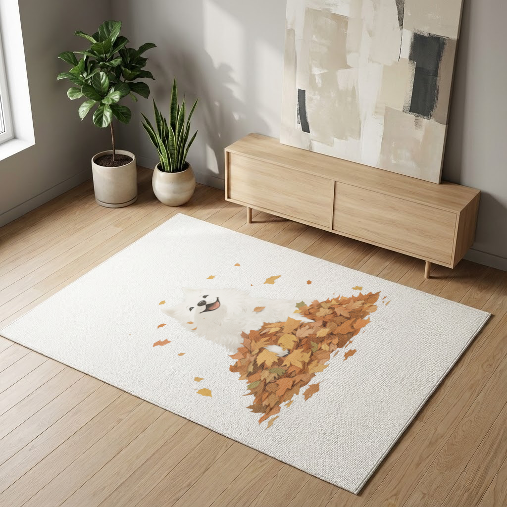 Happy White Dog in Autumn Leaves Living room carpet