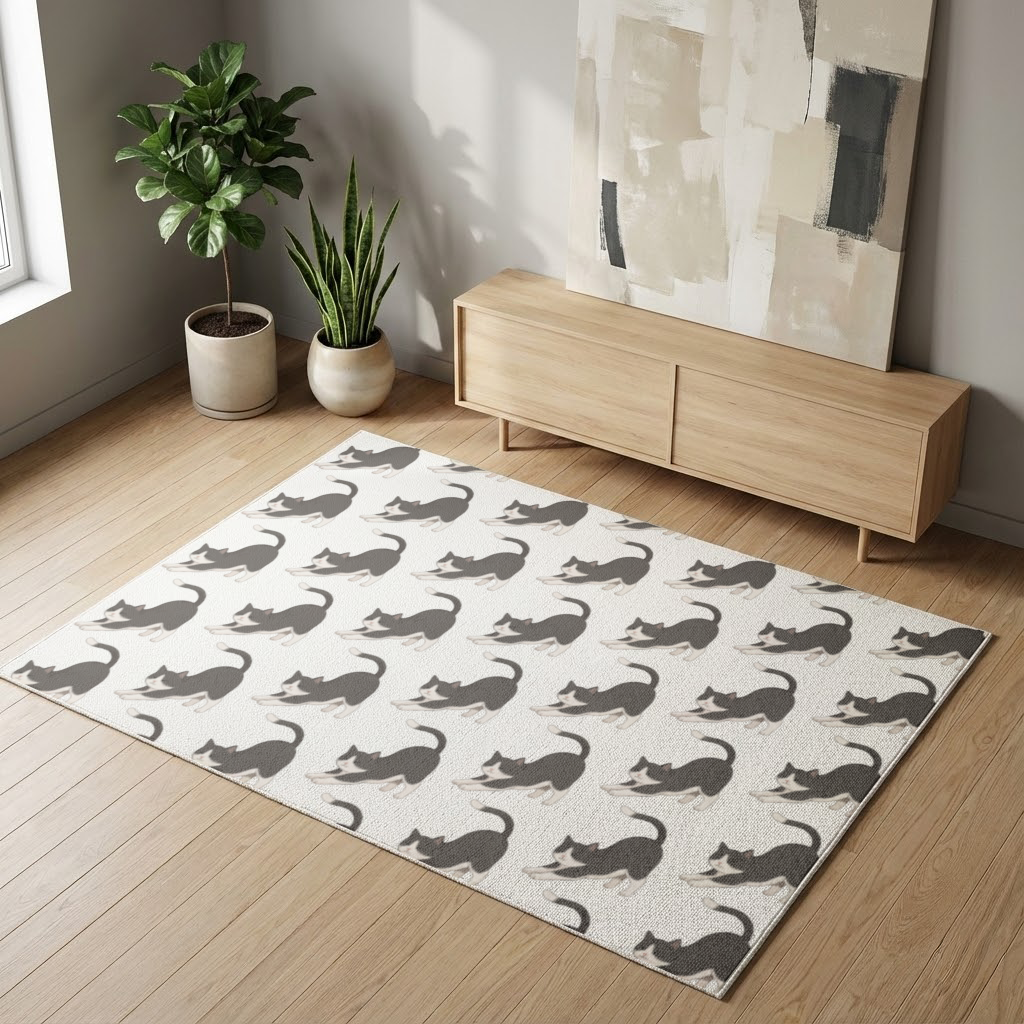 Stretching Tuxedo Cat Living room carpet