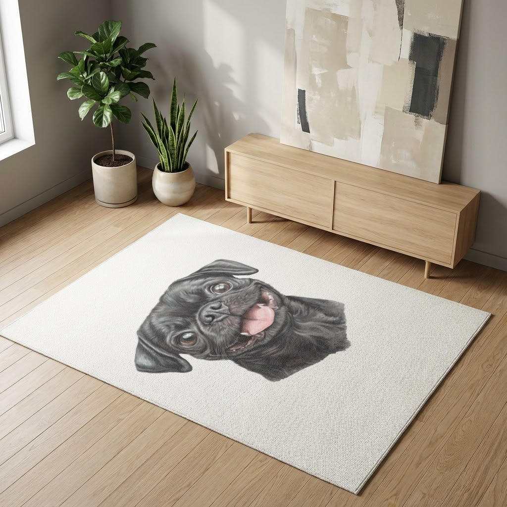 Gülümseyen Siyah Pug Köpek Salon Halısı