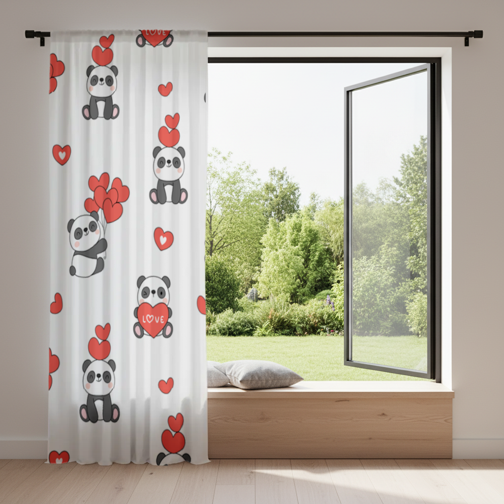 Cute Panda Valentines Day Love Heart Pattern Design Drapes