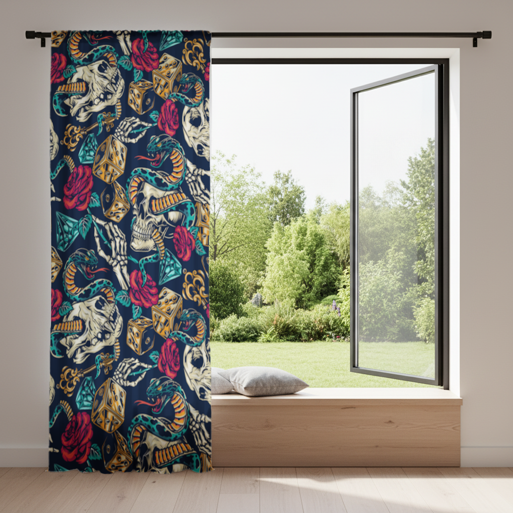 Skull Snake Dice and Roses Pattern Drapes